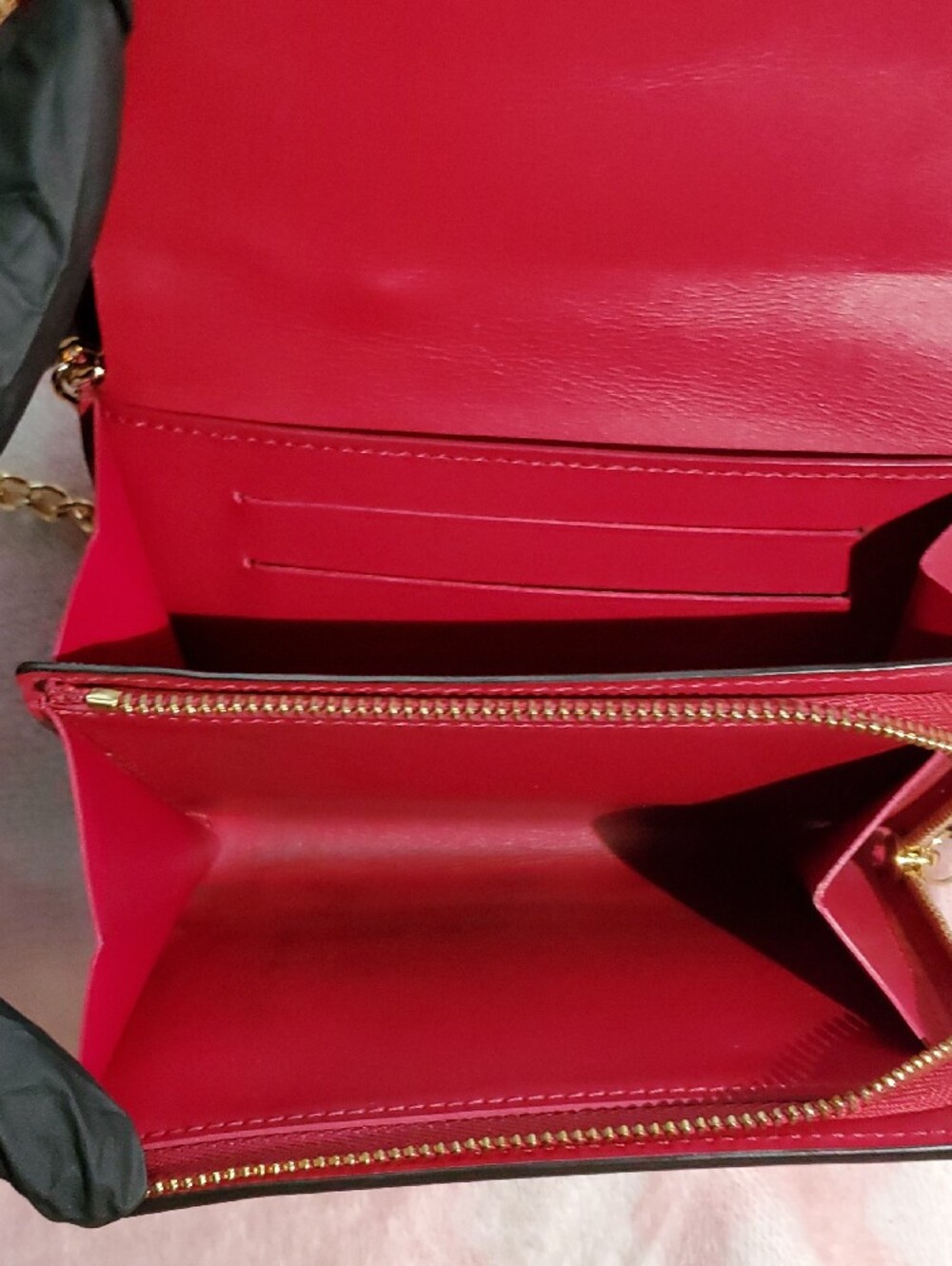 Louis Vuitton Monogram Crossbody Wallet with Gold Chain & Red Trim - Picture 9 of 17